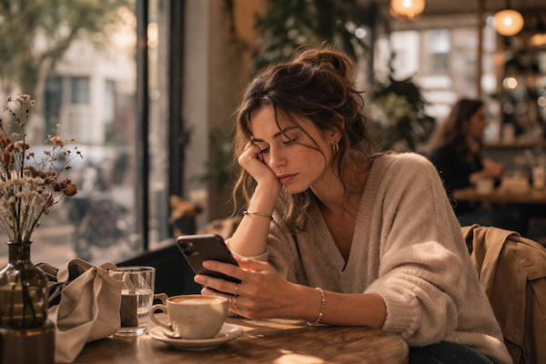 Personne fatiguée de swiper sur une application de rencontre, symbole de la lassitude du dating en ligne
